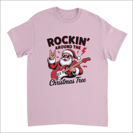 Light pink short-sleeved Rockin’ Around the Christmas Tree t-shirt with cartoon Santa rocking guitar