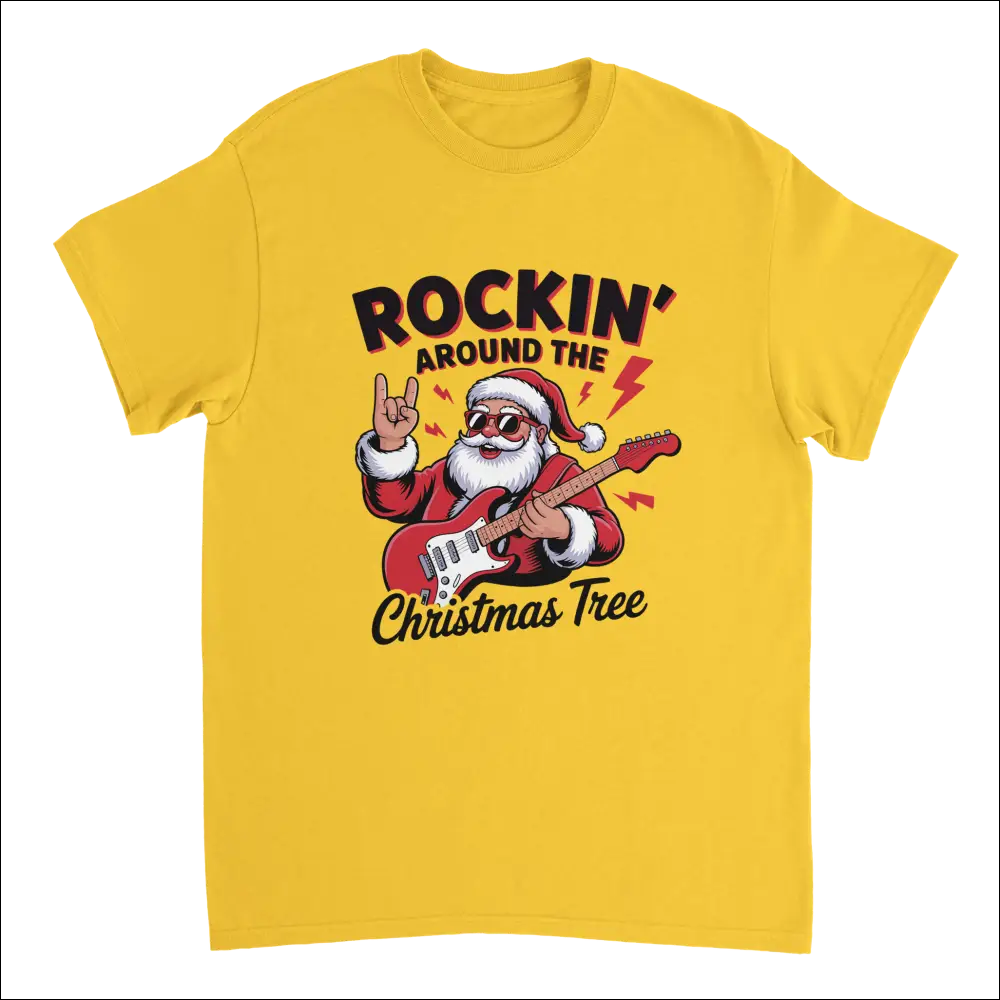 Yellow Rockin Around Christmas Tree t-shirt with cartoon Santa guitarist