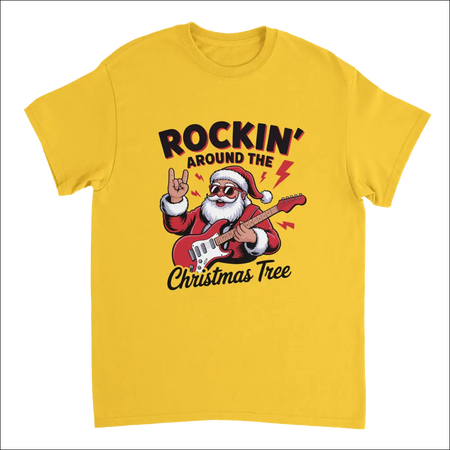Yellow Rockin Around Christmas Tree t-shirt with cartoon Santa guitarist