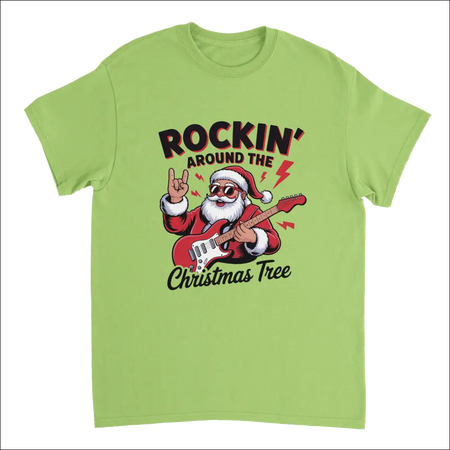 Lime green Santa rockin’ guitar Christmas tree t-shirt