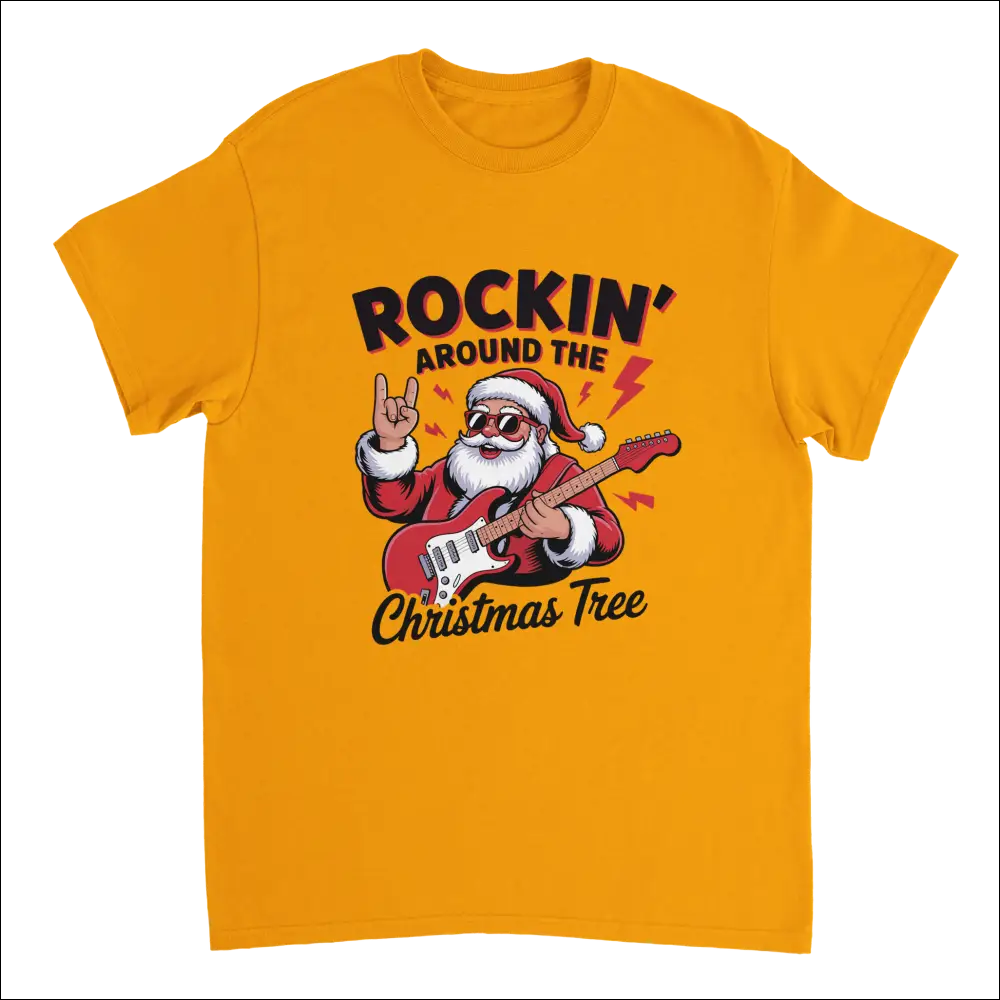 Rockin’ Around the Christmas Tree yellow cotton t-shirt with cartoon Santa rocking guitar