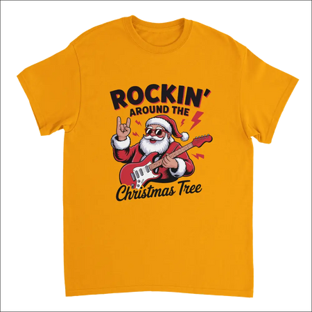 Rockin’ Around the Christmas Tree yellow cotton t-shirt with cartoon Santa rocking guitar