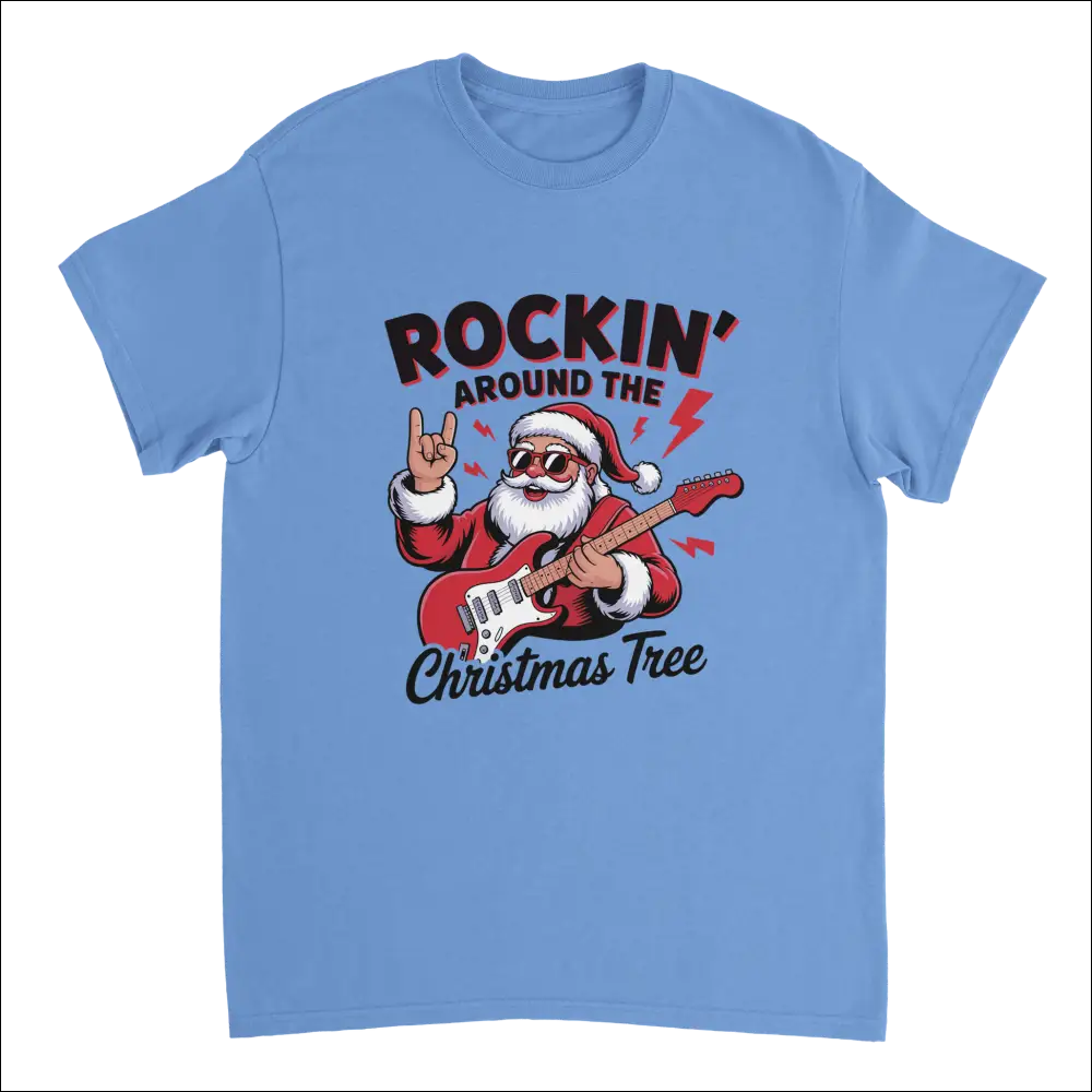 Light blue Santa rockin’ guitar Christmas tree t-shirt