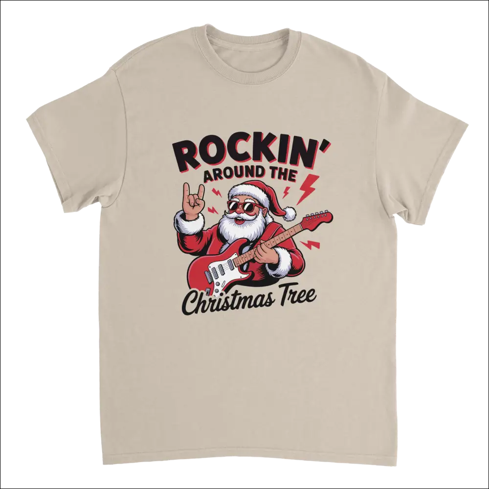 Beige short-sleeved Rockin Around the Christmas Tree t-shirt with cartoon Santa rocking guitar