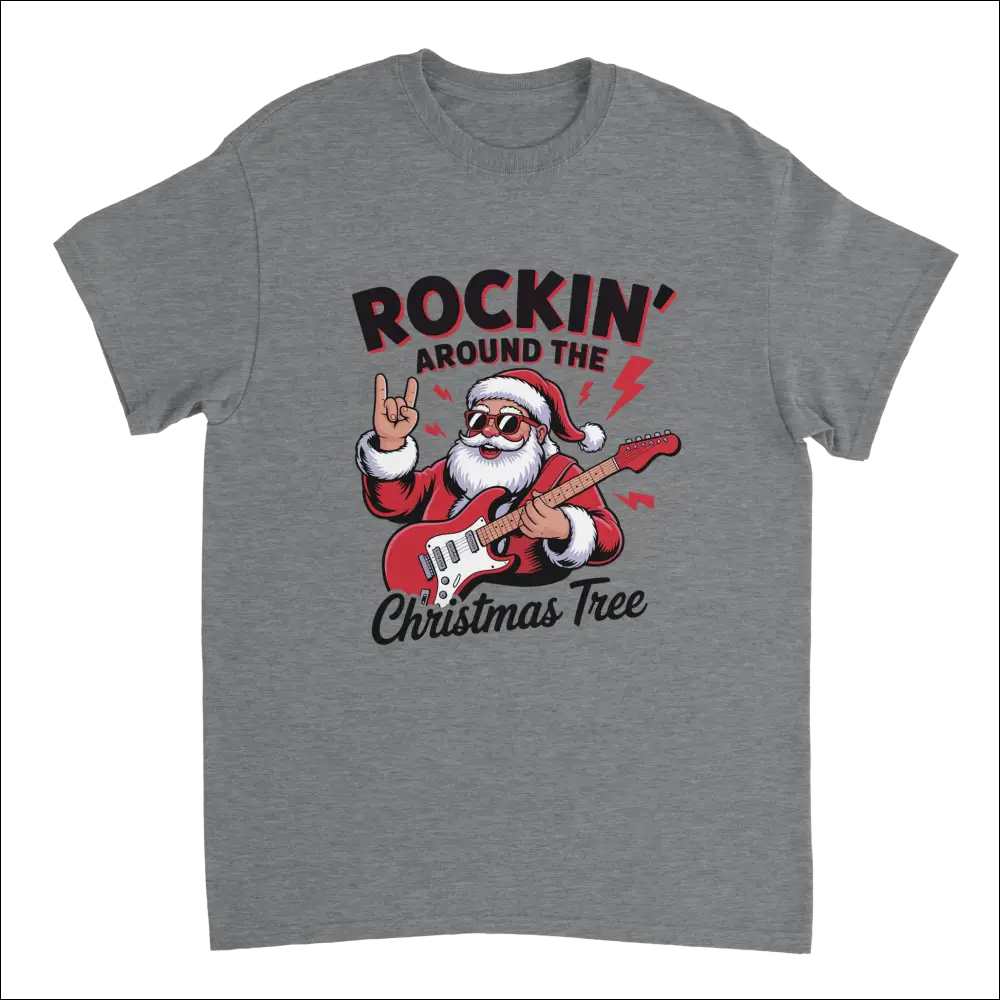 Gray heathered Rockin’ Around the Christmas Tree t-shirt with cartoon Santa rocking guitar