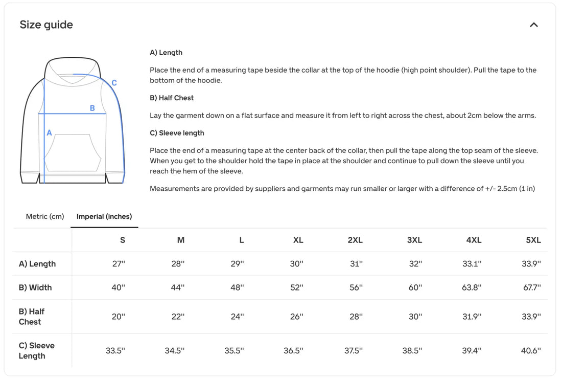 Size guide chart for a hoodie, displaying measurements in metric and imperial units across sizes s to 5xl.