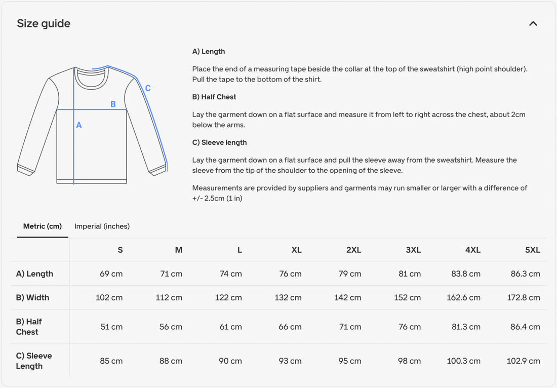 Size guide chart for a long-sleeved sweatshirt, displaying measurements in metric and imperial units across sizes s to 5xl.