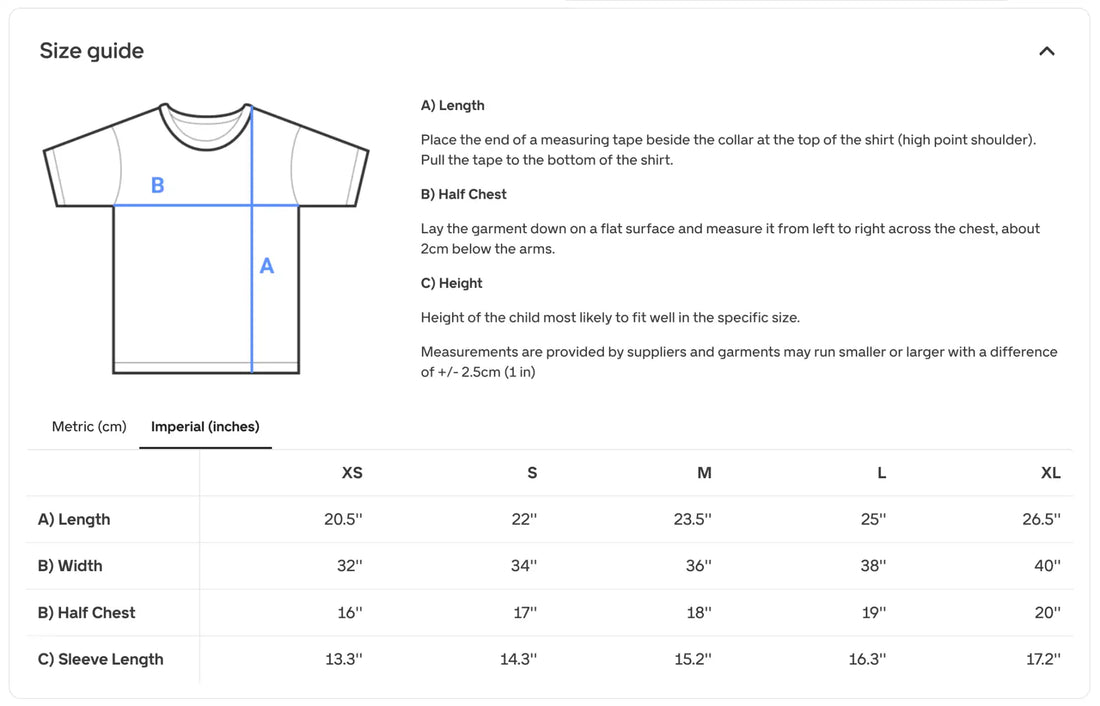 Size guide chart for a t-shirt, displaying measurements in metric and imperial units across sizes xs to xl.