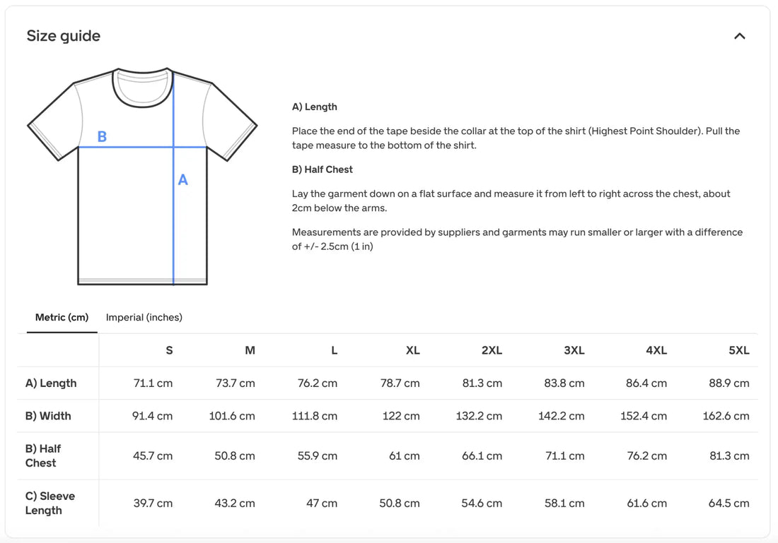 Size guide chart for a white t-shirt, displaying measurements in metric and imperial units across sizes s to 5xl.