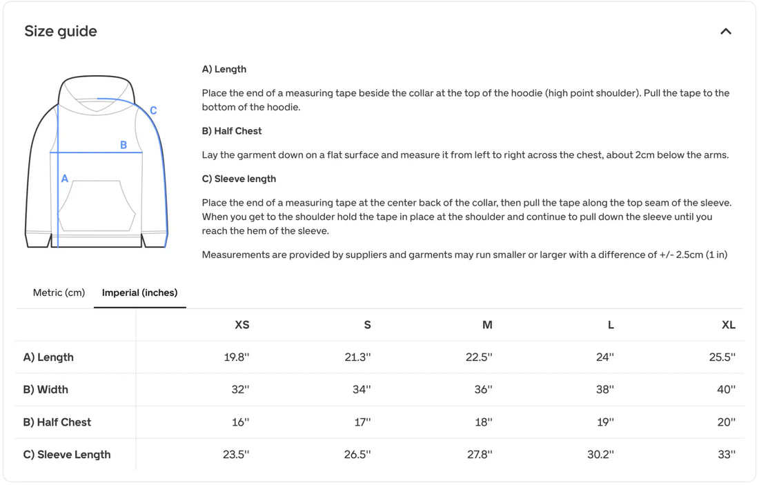 Size guide diagram for a hoodie, showing measurement points and corresponding sizing in metric and imperial units.