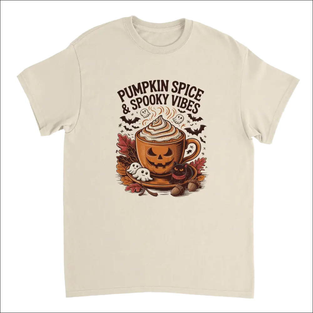 Cream short-sleeve Halloween t-shirt with spooky pumpkin spice latte graphic