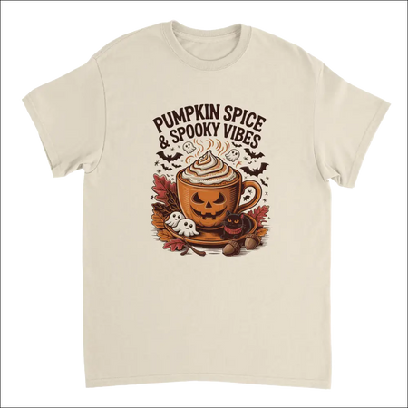 Cream short-sleeve Halloween t-shirt with spooky pumpkin spice latte graphic