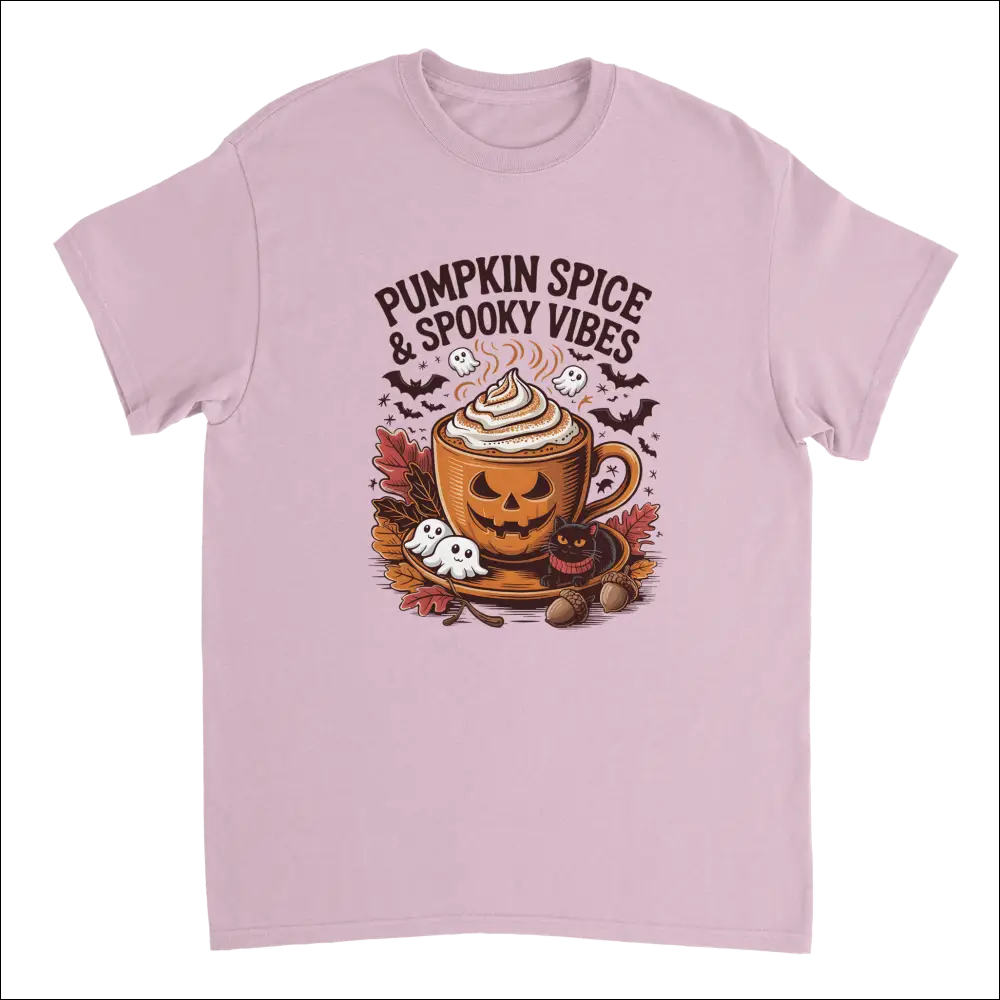 Soft pink short-sleeved Spooky Pumpkin Spice Latte t-shirt with whimsical Halloween graphic