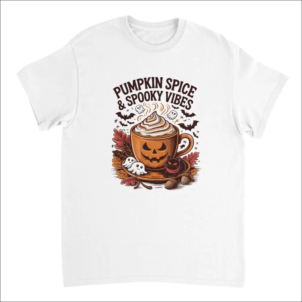 White cotton t-shirt with spooky pumpkin spice latte graphic, ghosts, bats