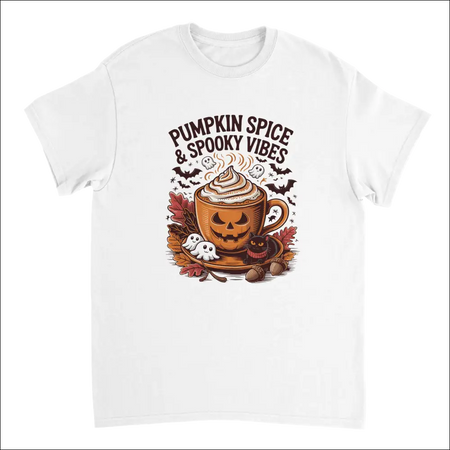 White cotton t-shirt with spooky pumpkin spice latte graphic, ghosts, bats