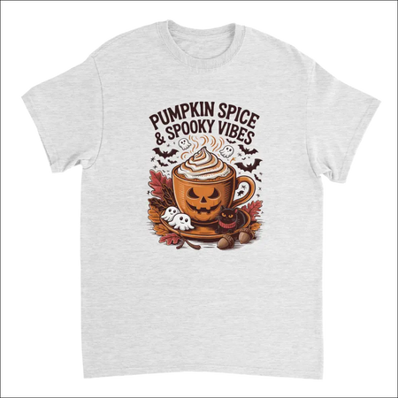 Spooky pumpkin spice latte Halloween t-shirt with ghosts and leaves