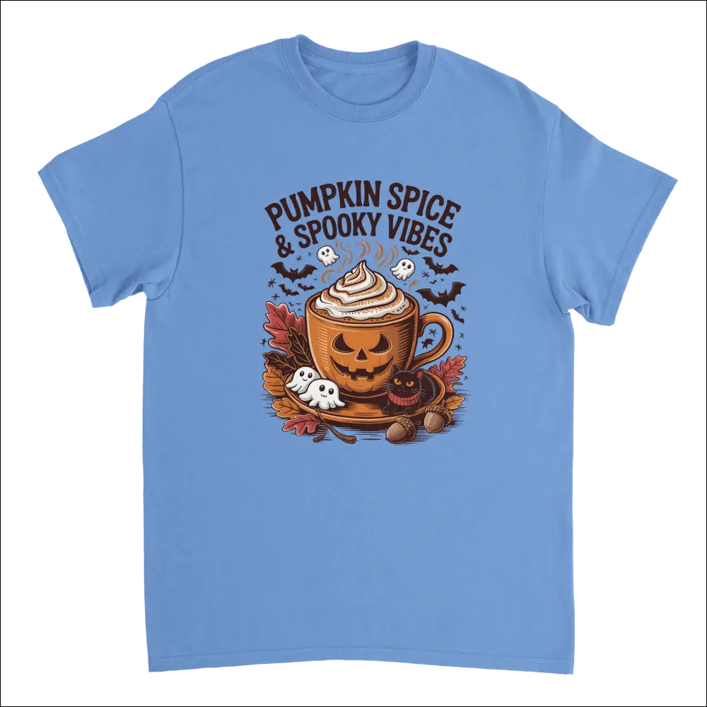 Light blue spooky pumpkin spice latte t-shirt with jack-o-lantern mug graphic