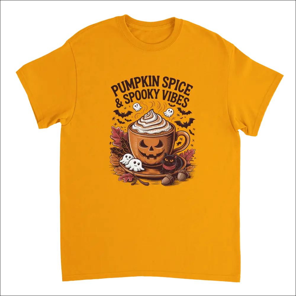 Vibrant orange Spooky Pumpkin Spice Latte t-shirt with jack-o-lantern mug, ghosts, bats