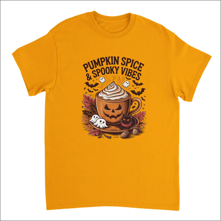 Vibrant orange Spooky Pumpkin Spice Latte t-shirt with jack-o-lantern mug, ghosts, bats