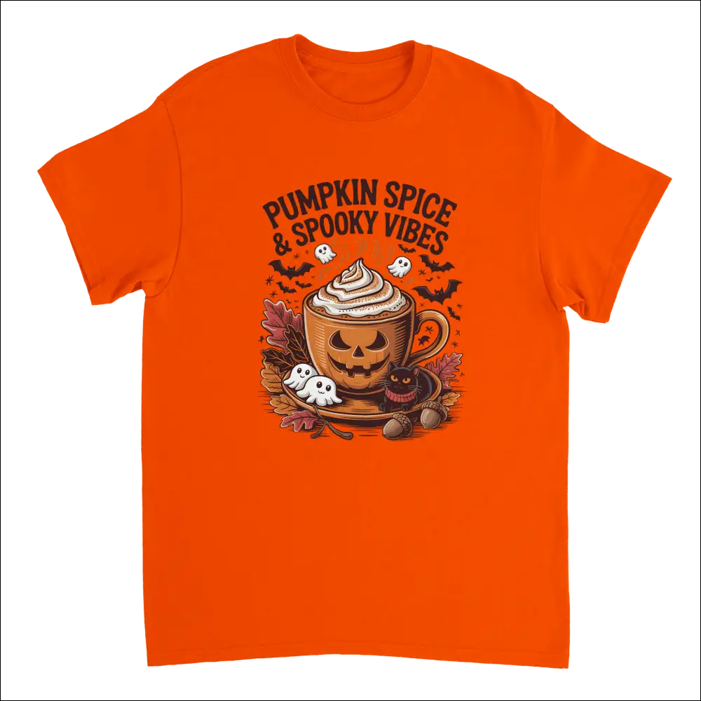 Vibrant orange Halloween t-shirt with jack-o-lantern latte graphic, ghosts, bats