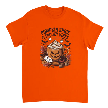 Vibrant orange Halloween t-shirt with jack-o-lantern latte graphic, ghosts, bats