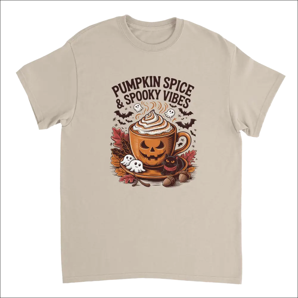 Beige spooky pumpkin spice latte Halloween t-shirt with ghosts and bats