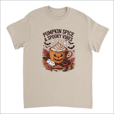Beige spooky pumpkin spice latte Halloween t-shirt with ghosts and bats