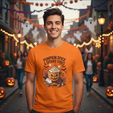 Orange short-sleeved Spooky Pumpkin Spice Latte t-shirt with jack-o-lantern mug, ghosts, bats, and autumn leaves graphic