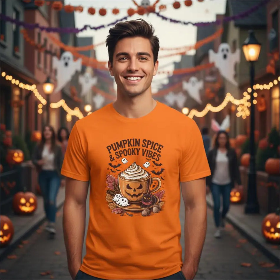 Orange short-sleeved Spooky Pumpkin Spice Latte t-shirt with jack-o-lantern mug, ghosts, bats, and autumn leaves graphic