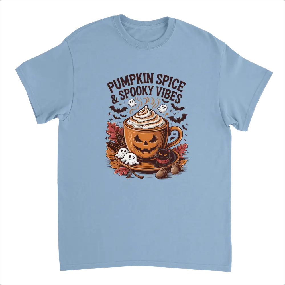 Light blue spooky pumpkin spice latte Halloween t-shirt with ghosts and bats