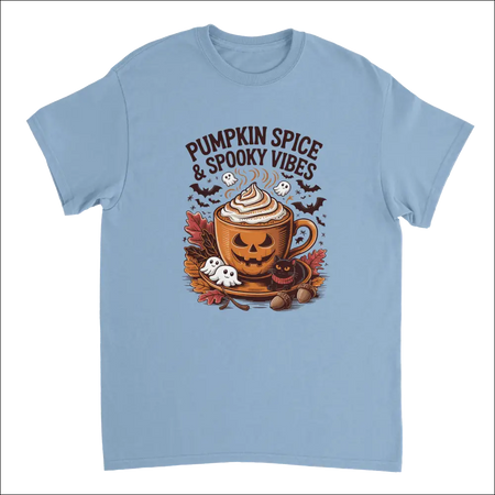 Light blue spooky pumpkin spice latte Halloween t-shirt with ghosts and bats