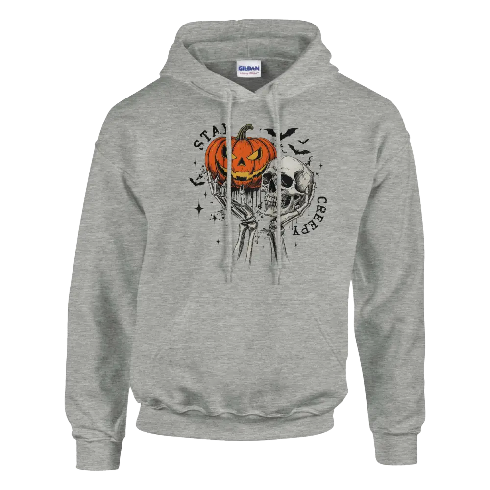 Gray Gildan Stay Creepy hoodie with orange pumpkin skull Halloween graphic
