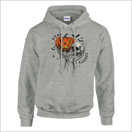 Gray Gildan Stay Creepy hoodie with orange pumpkin skull Halloween graphic