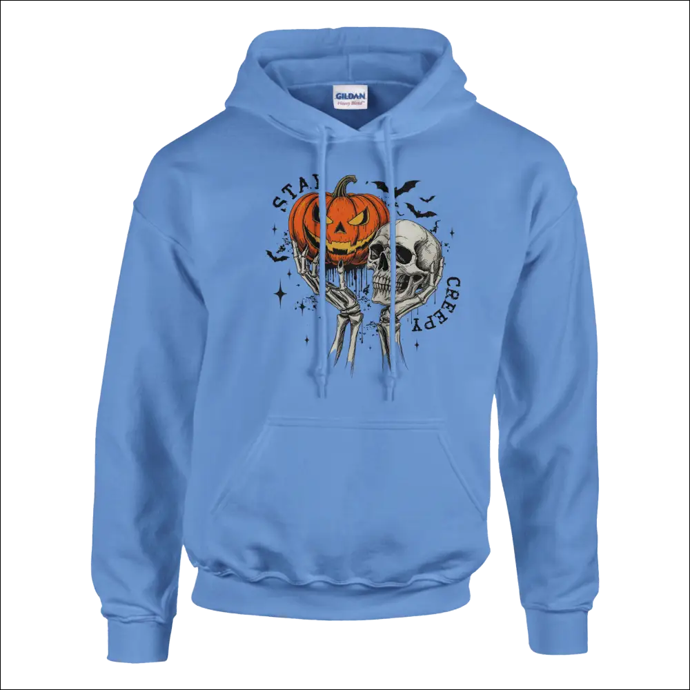 Light blue Gildan Stay Creepy unisex hoodie with Halloween pumpkin skull graphic