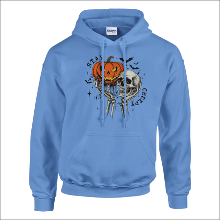 Light blue Gildan Stay Creepy unisex hoodie with Halloween pumpkin skull graphic