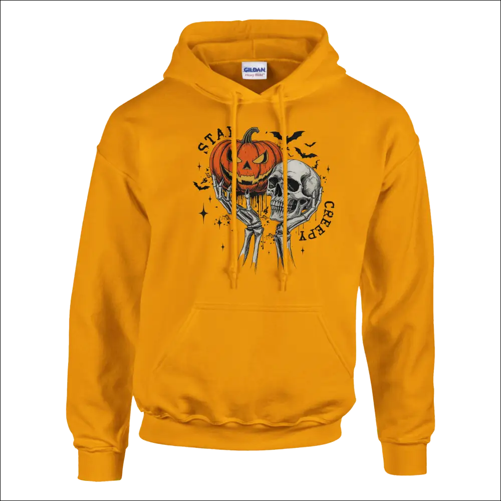 Stay Creepy orange Gildan hoodie with Halloween jack-o-lantern skull and bats