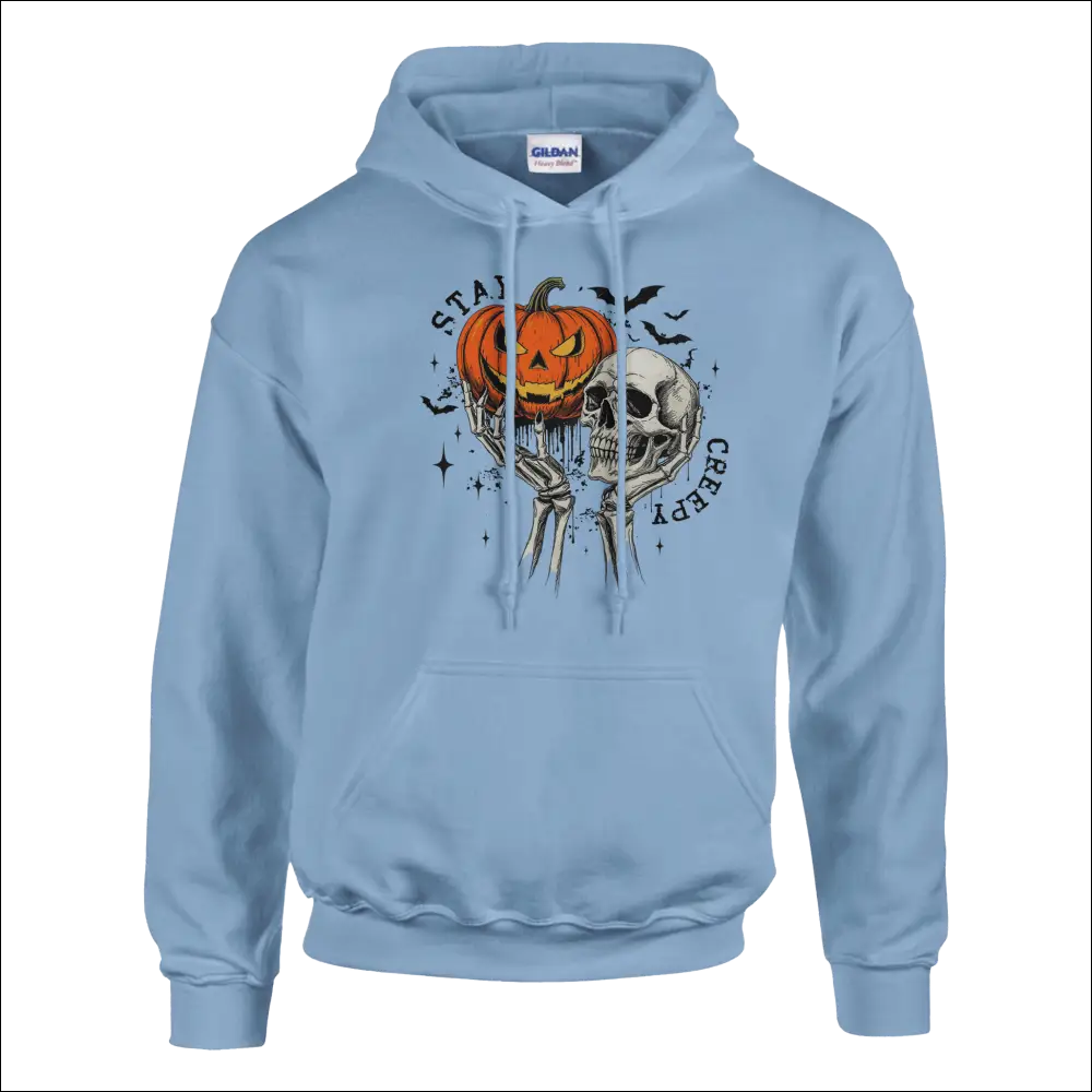 Light blue Gildan Stay Creepy unisex hoodie with pumpkin skull graphic