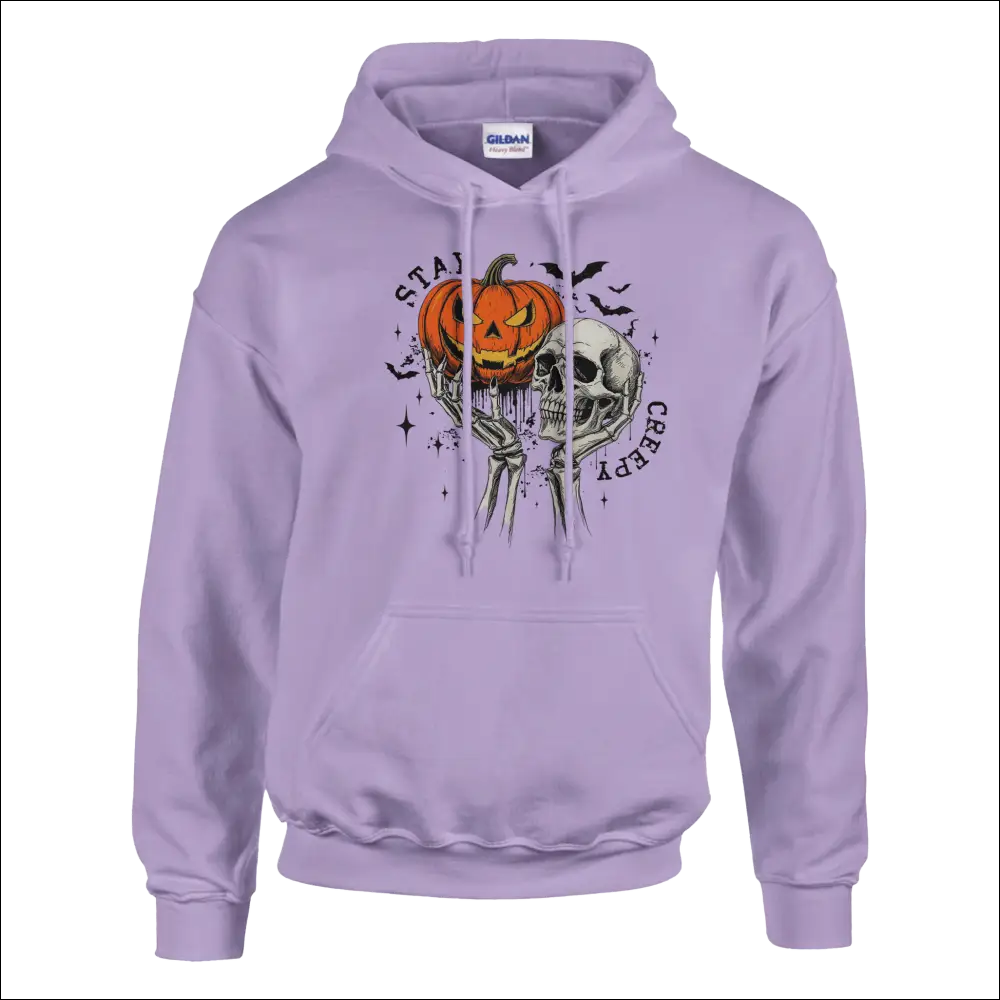 Lavender Gildan Stay Creepy hoodie with jack-o-lantern skull graphic