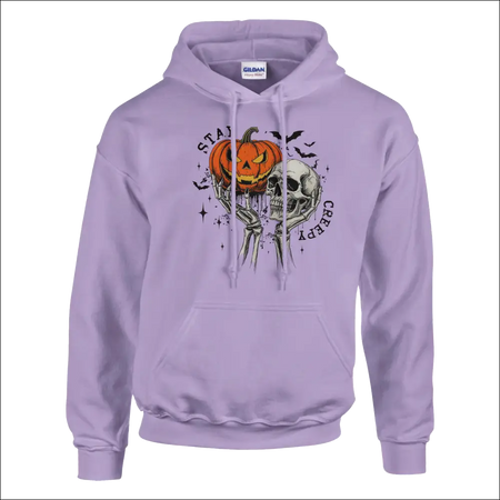 Lavender Gildan Stay Creepy hoodie with jack-o-lantern skull graphic