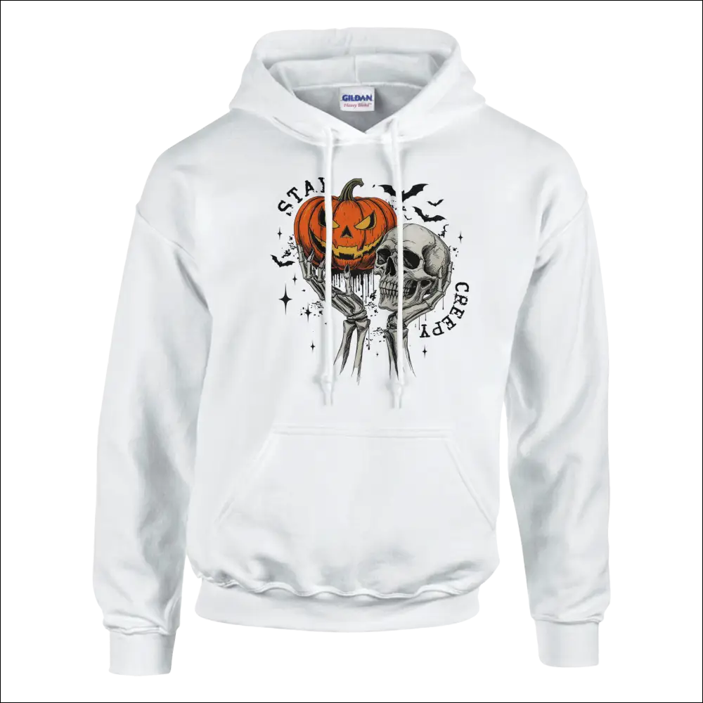 White Gildan Stay Creepy unisex hoodie with Halloween pumpkin skull graphic