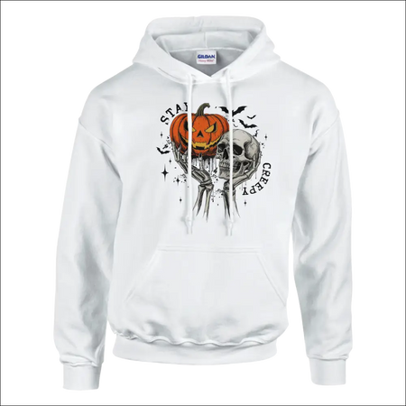 White Gildan Stay Creepy unisex hoodie with Halloween pumpkin skull graphic