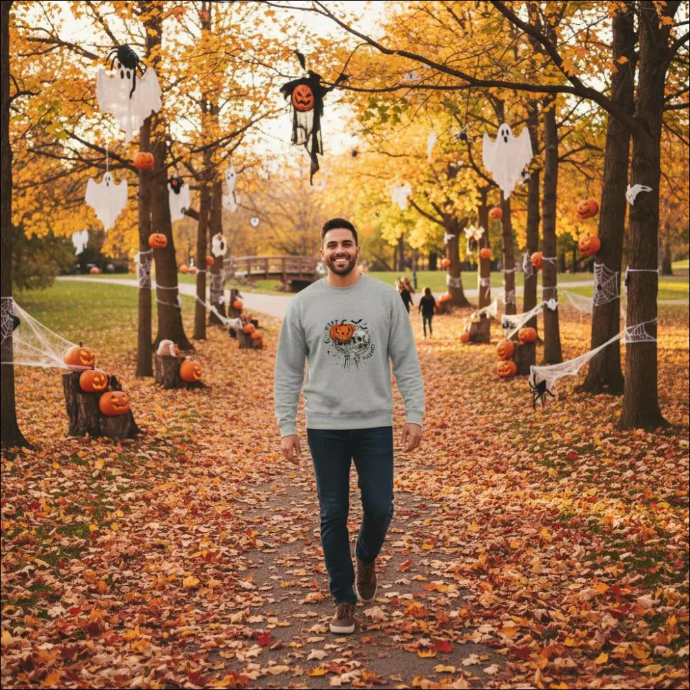 Stay Creepy unisex sweatshirt with Halloween pumpkins and ghosts graphic