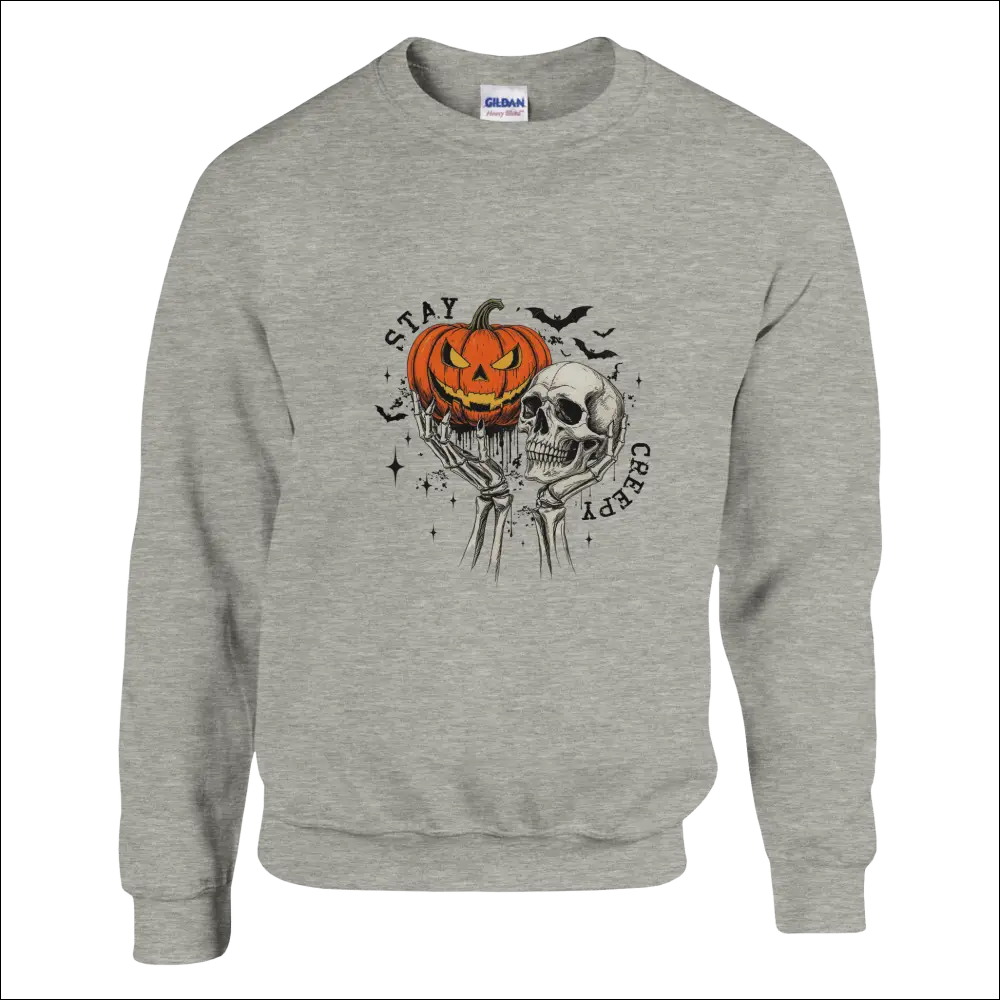 Stay Creepy gray Gildan unisex sweatshirt with Halloween jack-o-lantern and skull graphic