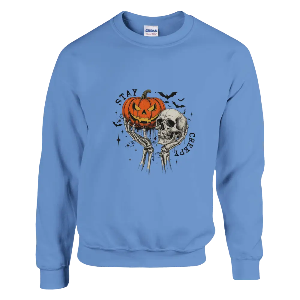 Light blue Gildan Stay Creepy sweatshirt with skeleton and pumpkin graphic