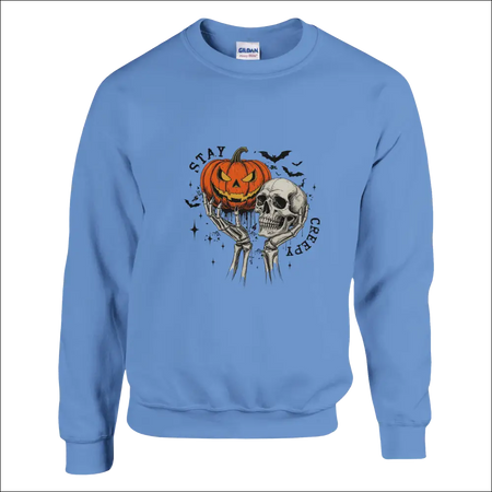Light blue Gildan Stay Creepy sweatshirt with skeleton and pumpkin graphic