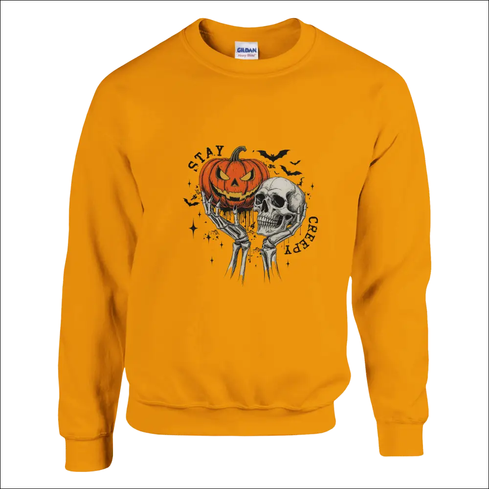 Stay Creepy Unisex Gildan sweatshirt with jack-o-lantern skull graphic