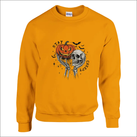 Stay Creepy Unisex Gildan sweatshirt with jack-o-lantern skull graphic