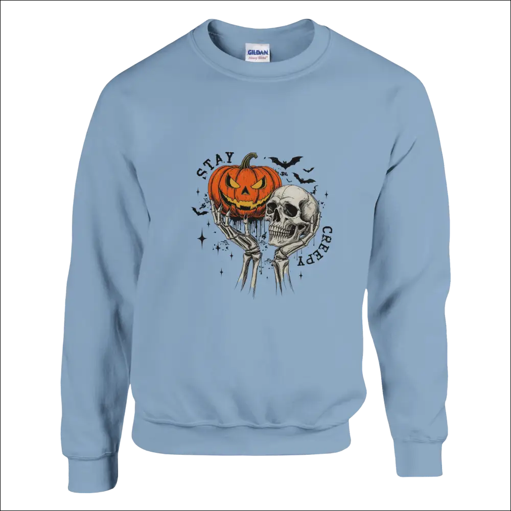 Light blue Stay Creepy unisex Gildan sweatshirt with Halloween skeleton and pumpkin graphic