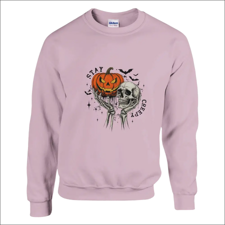 Stay Creepy unisex Gildan sweatshirt with glowing pumpkin skull graphic