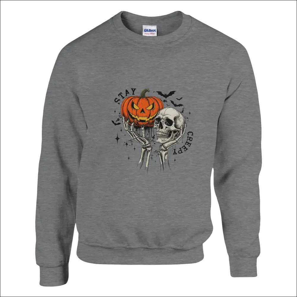 Gray Gildan Stay Creepy unisex sweatshirt with skeleton and pumpkin graphic